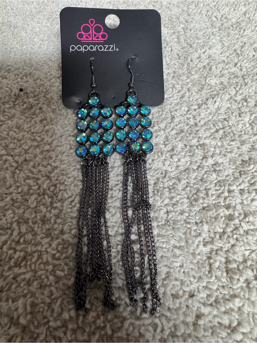 Paparazzi Teal Iridescent Chain Fringe Earrings